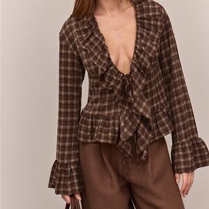 PLT Brown Plaid Ruffle Blouse